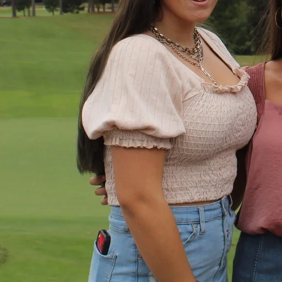 Free people brown rouched puff sleeve croptop - Picture 3 of 3